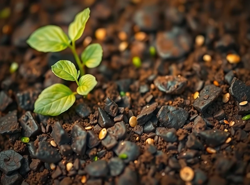 A close-up of hands working compost into garden soil. The hands should be gently mixing dark, rich compost into the lighter-colored existing soil. The focus should be on the texture and color contrast between the compost and the soil, highlighting the process of soil amendment.