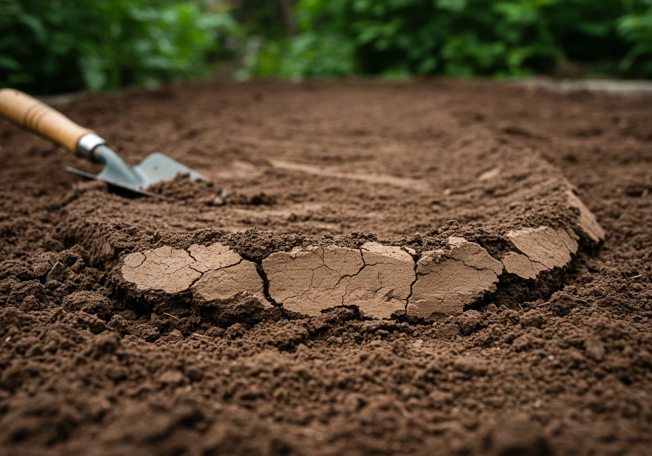 A detailed close-up photograph focusing on the challenging texture of heavy clay soil. The image should show compacted, possibly slightly cracked earth, illustrating the density and difficulty for drainage and root penetration commonly found in the Winchester/Ottawa area. Natural outdoor lighting, perhaps with a stray gardening trowel lying nearby on the soil for scale (no hands visible).