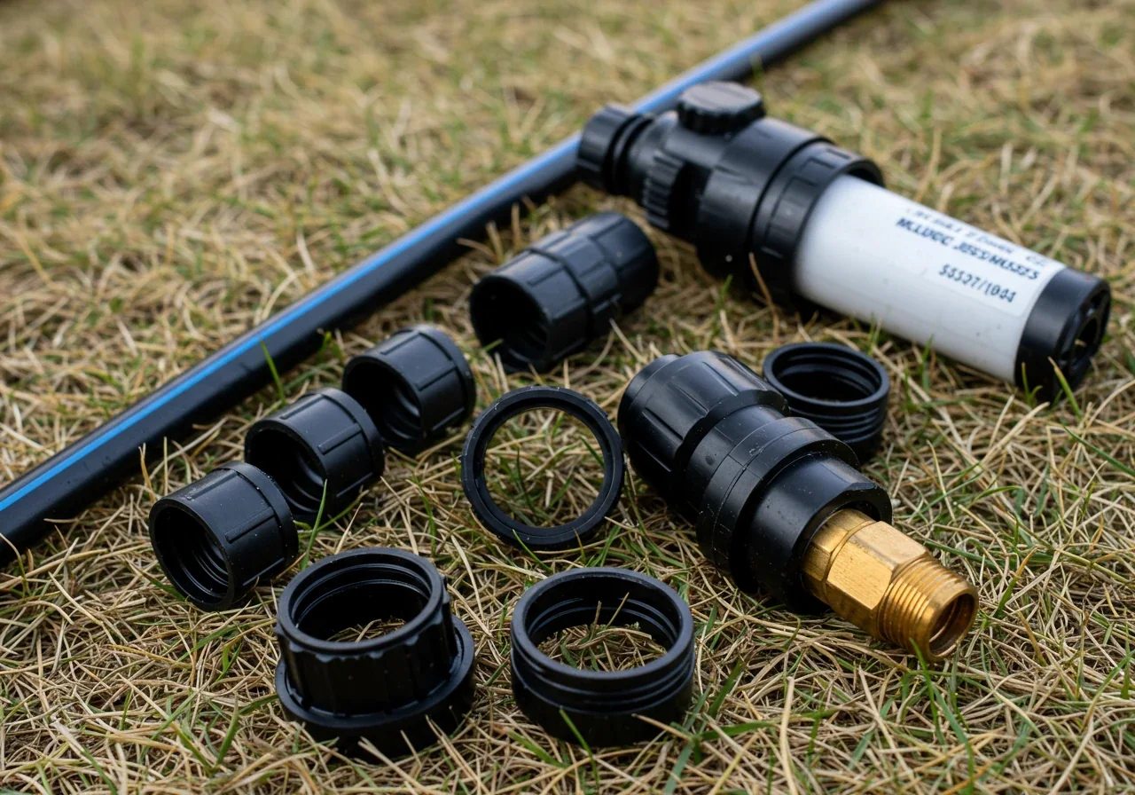 A close-up photograph focused on the disconnected components of a drip irrigation head assembly (filter, pressure regulator, backflow preventer) placed carefully on a surface like grass or a clean workbench, ready for winter storage. The components should appear clean and drained, illustrating the winterization process.