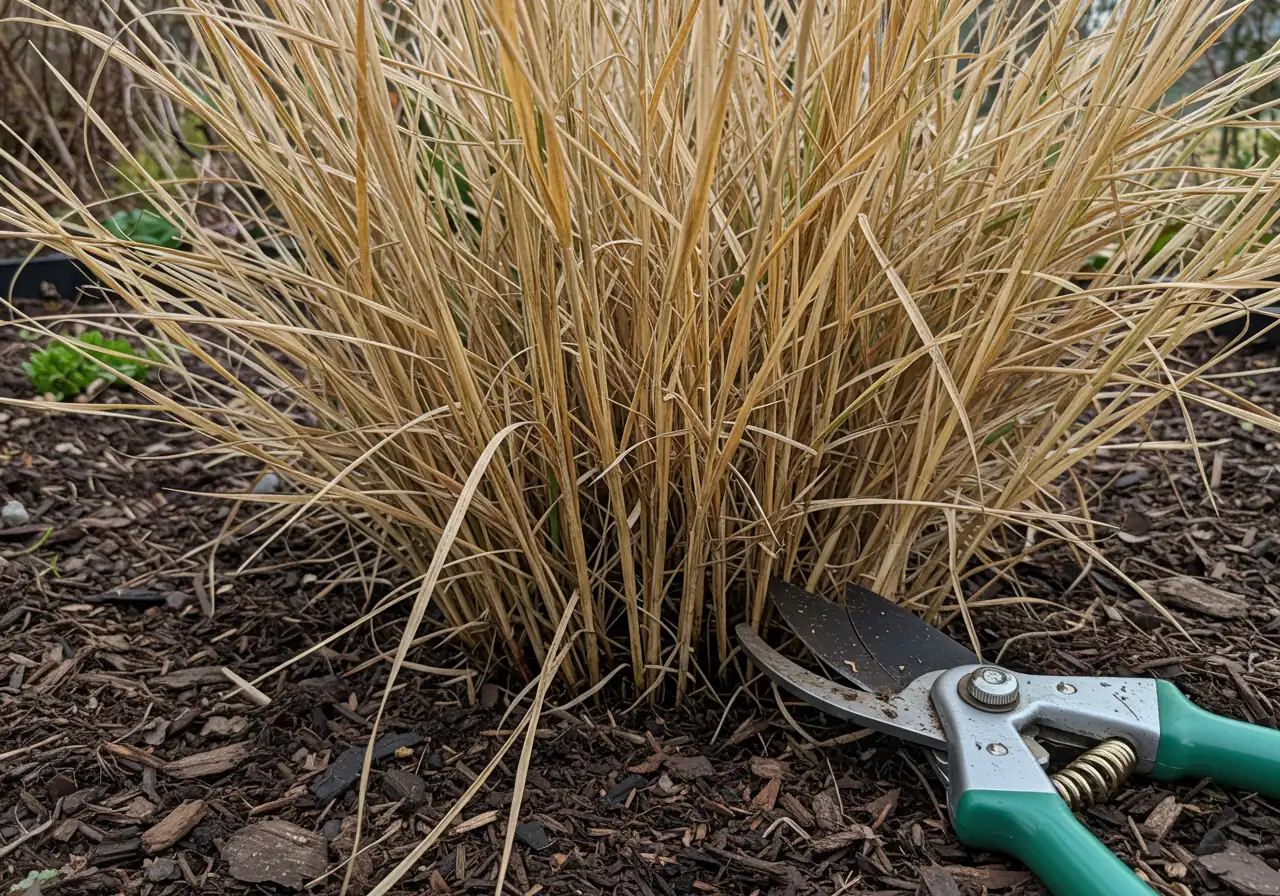 A close-up photograph focusing on clumps of ornamental grass in a rain garden that have been pruned back for spring. Show the cut, tan-colored stalks standing about 4-6 inches high, contrasting with the damp soil or mulch below. Clean pruning shears could be resting near the base (optional, no hands). Emphasize the neat 'haircut' look.
