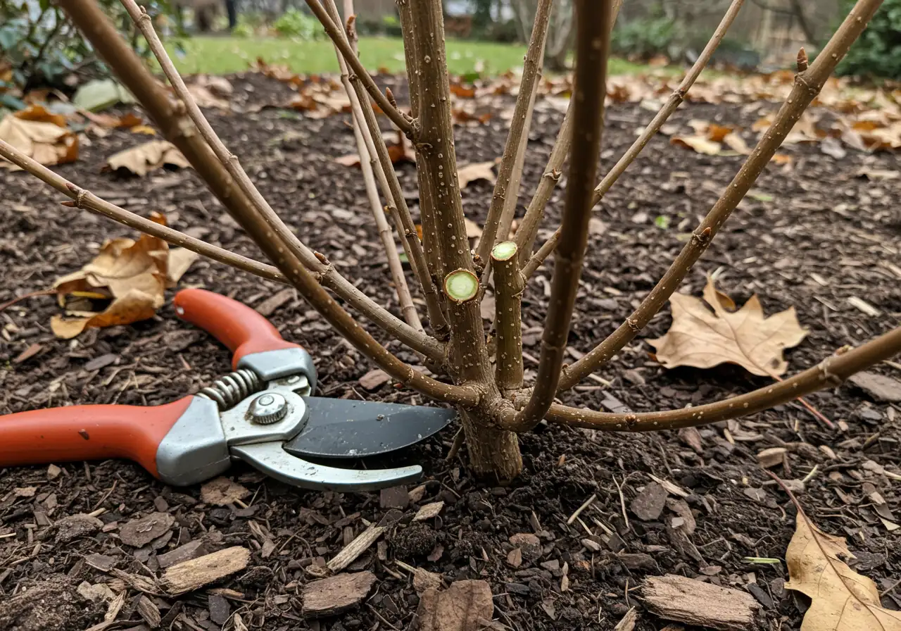 A clear photograph illustrating the pruning technique for a Smooth Hydrangea ('Annabelle' type) in late fall. Shows dormant stems cut back to about 8-10 inches from the ground, with clean cuts made just above visible bud nodes. A pair of sharp bypass pruners lies resting on the soil nearby, emphasizing the tool used without showing hands. Fallen autumn leaves are scattered lightly on the surrounding soil.