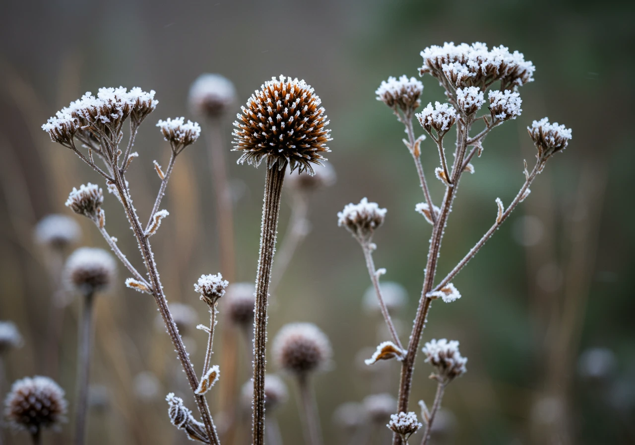 A close-up photograph showing dried seed heads of coneflowers (Echinacea) and sturdy stems of Sedum left standing in a garden bed during late fall or early winter. A light dusting of frost or snow could be present on the seed heads, highlighting their structure and role as winter interest and potential food source. A chickadee could be investigating a seed head.