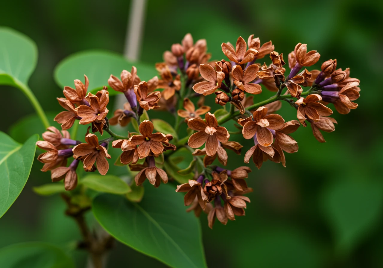 A clear image showing spent, brown lilac flower heads still attached to the stem, contrasted against the green foliage. This visually represents the specific stage when pruning should occur, highlighting the fading blooms as the key indicator.