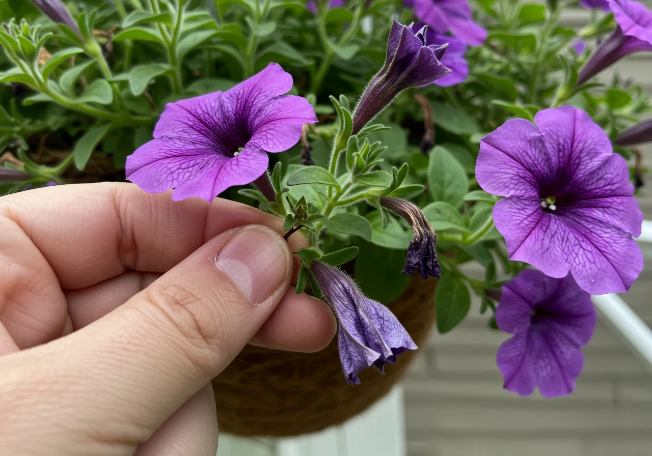 Close-up photograph focused on fingers pinching off a spent, faded purple petunia flower, including the small swollen base, from a lush hanging basket overflowing with vibrant petunias. The background shows more healthy blooms and foliage.