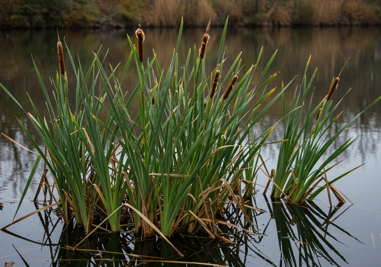 A close-up view of the edge of a pond in late fall showing hardy aquatic plants, such as water iris or cattail stalks, neatly trimmed down to a few inches above the water surface. This illustrates the proper pruning technique for hardy plants described in the text, showcasing preparation for winter.