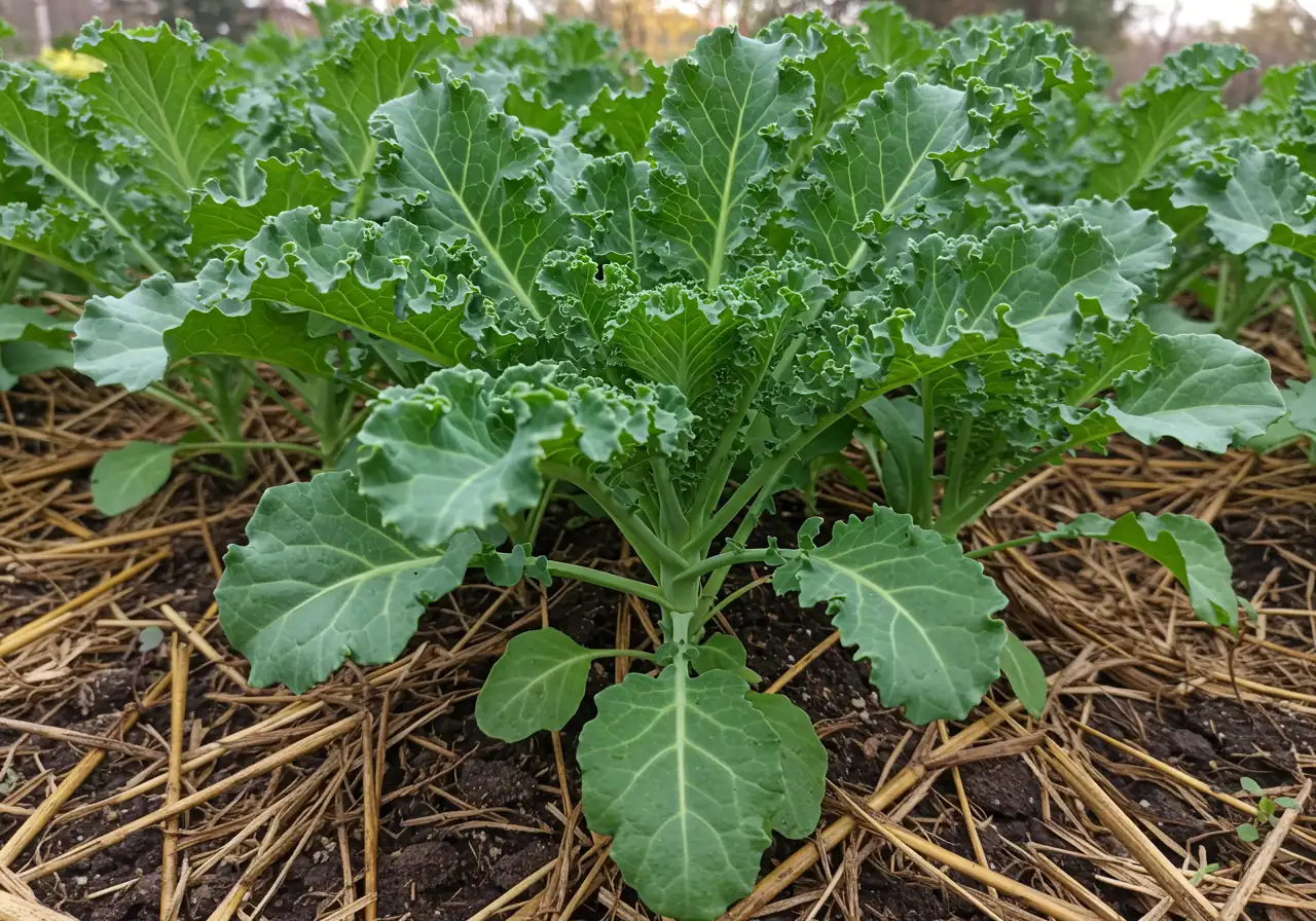 A close-up shot focusing on healthy, thriving vegetable plants known to tolerate clay soil, such as vibrant green kale or sturdy bush bean plants with developing pods. The soil at the base should be visibly mulched, perhaps with straw or shredded leaves, hinting at the improved conditions.