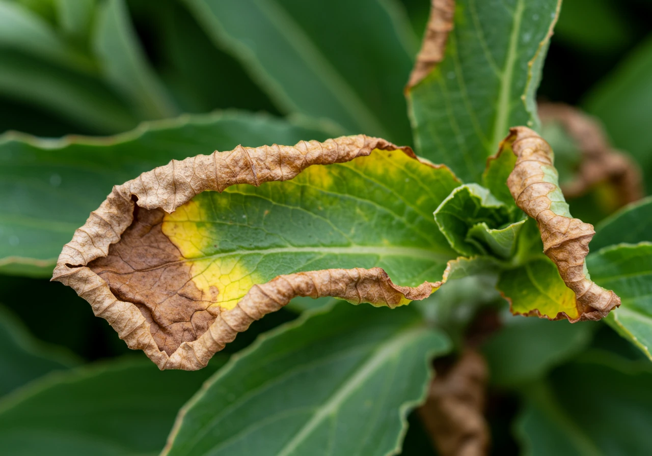 A detailed close-up photograph focusing on the leaves of a perennial plant clearly showing signs of heat and drought stress. The leaves exhibit yellowing (chlorosis) and distinct browning, crispy edges, commonly referred to as 'leaf scorch'. One or two leaves might show slight curling or drooping. The background should be softly blurred garden foliage.