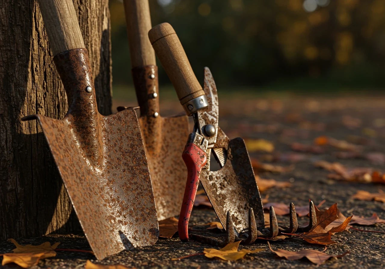 A close-up, slightly dramatic shot focusing on a collection of neglected garden tools (shovel head, trowel, pruners) exhibiting significant rust and dirt, perhaps leaning against a weathered wooden fence post with damp autumn leaves scattered around. The mood should emphasize decay and neglect.