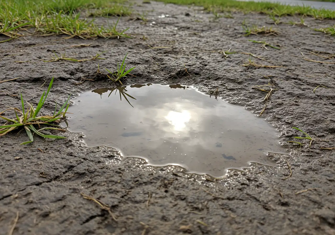A close-up, detailed view of dense, wet clay soil with a puddle of standing water on its surface. Sparse, struggling blades of grass are visible at the edge of the puddle. The texture of the clay looks heavy and impermeable.