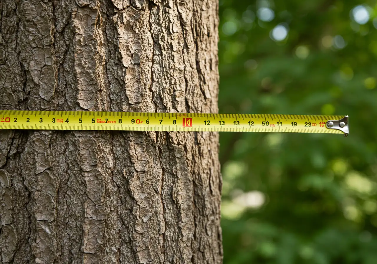 A close-up photograph focusing solely on the trunk of a large, mature deciduous tree (like an oak or maple) at approximately chest height. A flexible yellow measuring tape is wrapped snugly around the textured bark at this height, visually demonstrating the concept of measuring trunk diameter at breast height (DBH). No numbers, text, or hands are visible on the tape or in the shot. The background consists of softly blurred green leaves and dappled sunlight, emphasizing the tree itself.