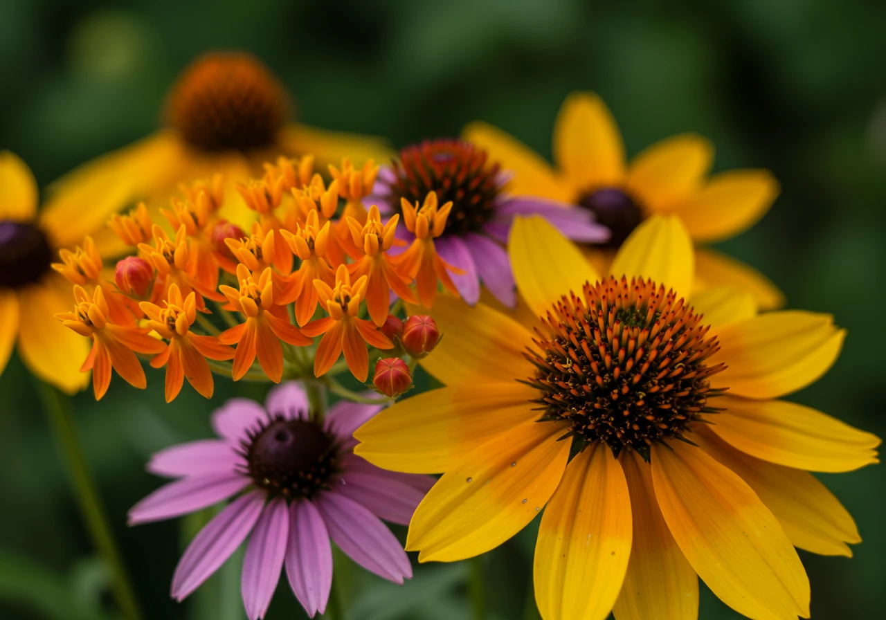 A close-up photograph showcasing a cluster of native Ontario wildflowers. Include Butterfly Milkweed (orange), Purple Coneflower (purple/pink), and Black-Eyed Susans (yellow). The flowers should be in full bloom, vibrant, and detailed, with a natural, outdoor setting. Focus on capturing the texture and color of each flower.