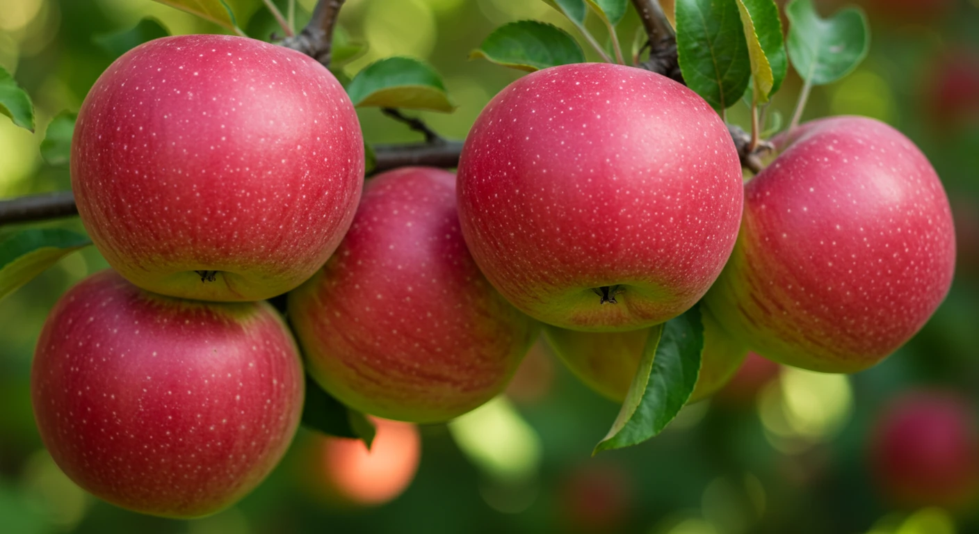 A visually appealing close-up shot focusing on several perfectly ripe, red apples hanging from a branch of a healthy apple tree. Sunlight should be filtering through the green leaves in the background, highlighting the crisp texture and vibrant colour of the apples, making them look delicious and inviting.
