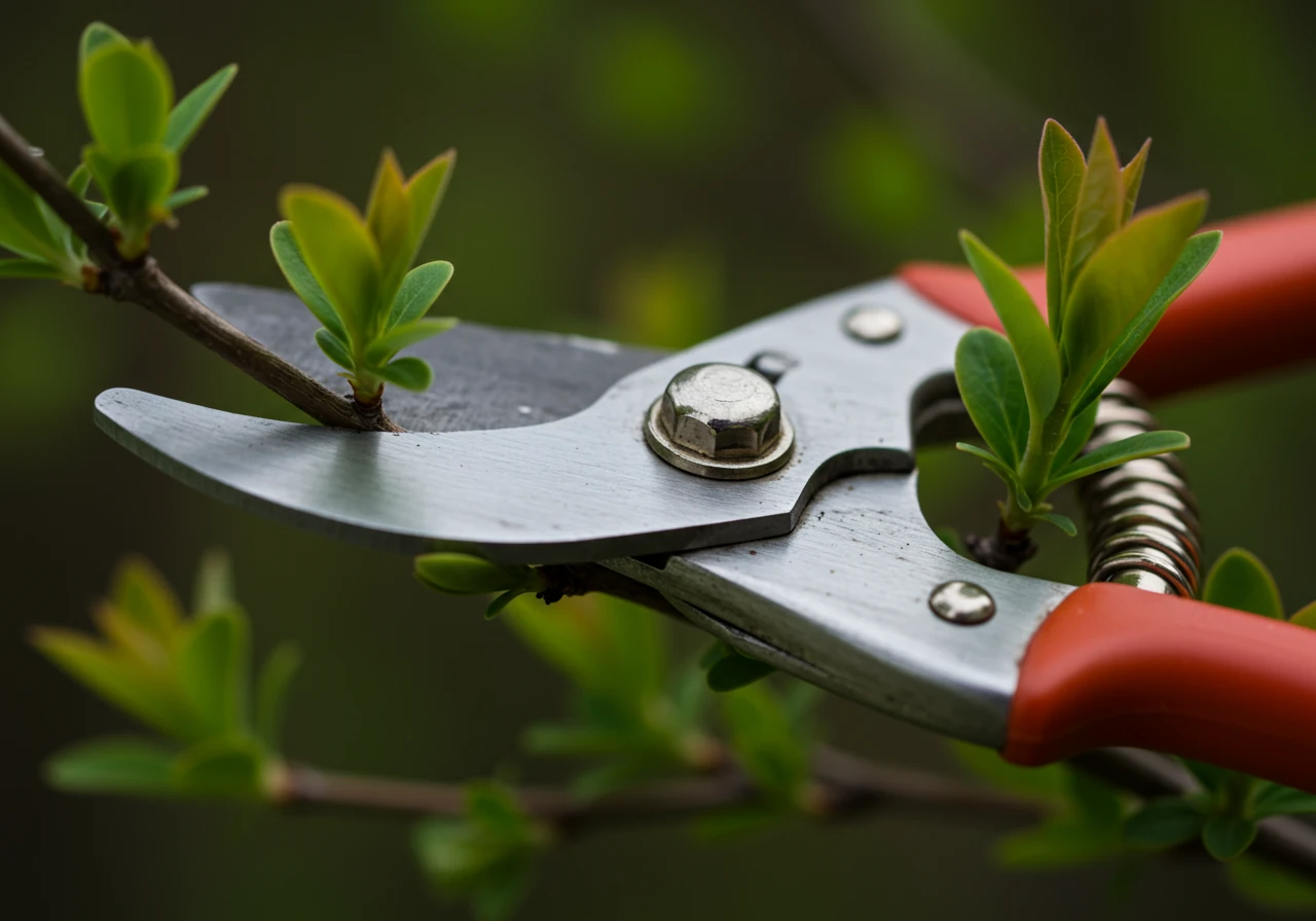 A close-up, detailed photograph focusing on a pair of clean, sharp bypass pruners resting lightly on a healthy, leafy branch of a flowering shrub (like a spirea or potentilla). The background shows soft-focus green foliage. The image emphasizes the tool and its readiness for precise cutting, highlighting the concept of a selective 'snip'.