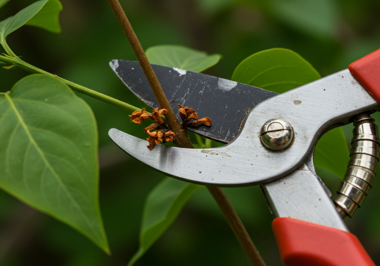 An image focusing on clean, sharp hand pruners positioned correctly just above the first set of leaves below a spent lilac flower head. No hands are visible, only the tool ready to make the precise cut for deadheading.