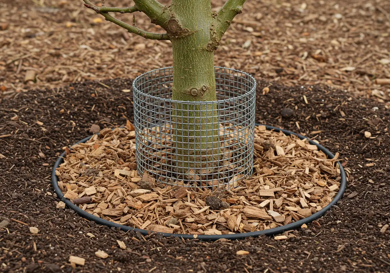 A close-up photograph showing the base of a young espalier tree trunk properly protected for winter. A layer of natural wood chip mulch forms a 'donut' shape around the base (not touching the trunk), and a cylinder of wire mesh hardware cloth is securely installed around the trunk extending slightly below the mulch line to deter critters.
