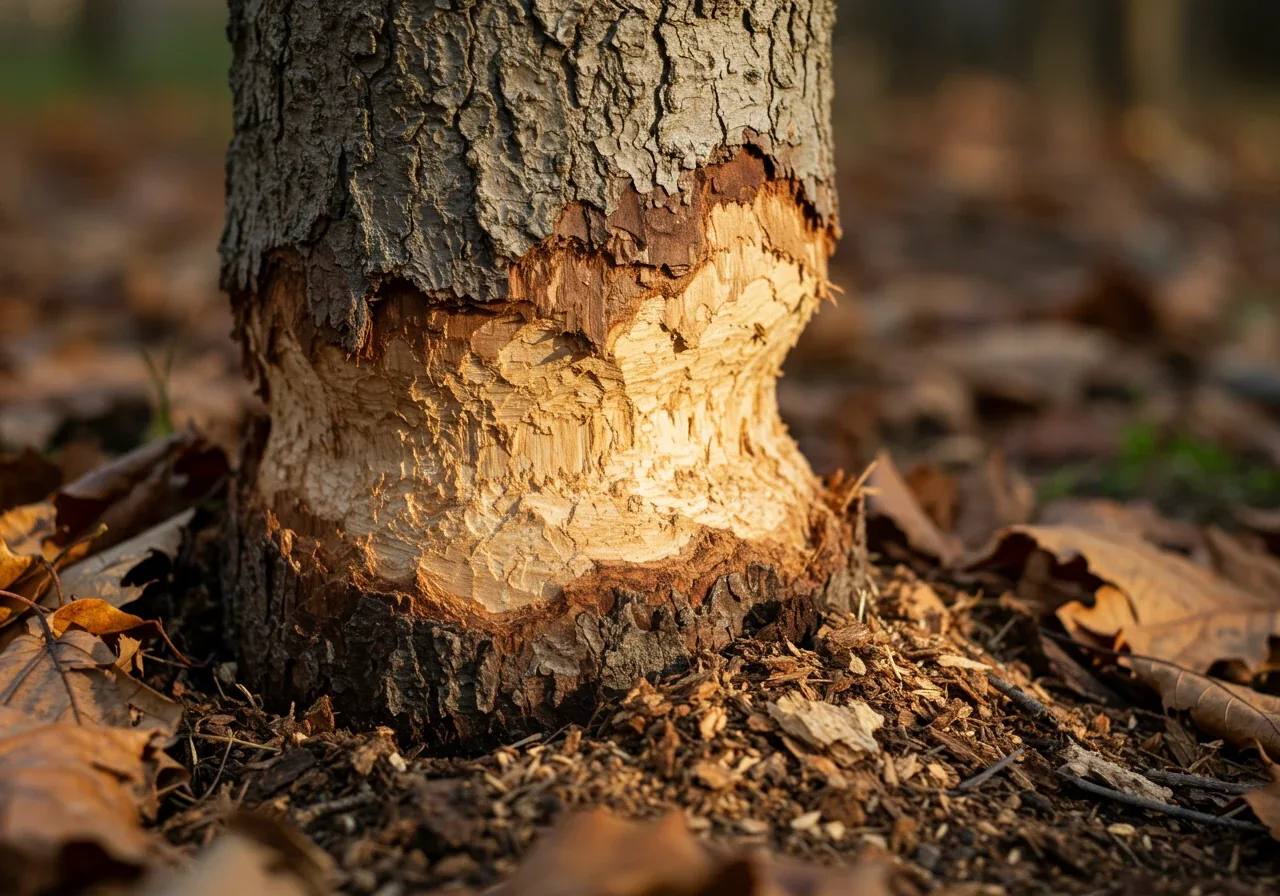 Close-up image focusing on the base of a young deciduous tree trunk showing distinct gnawing damage from voles or rabbits. Highlight the scraped or chewed bark near ground level, revealing the lighter wood underneath. Fallen autumn leaves are scattered around the base.