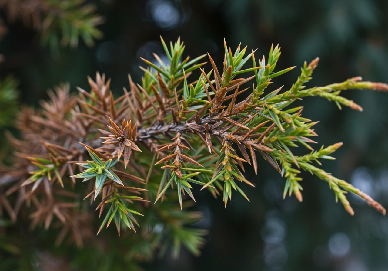 Close-up photograph illustrating 'Winter Burn' on an evergreen shrub. It should show a clear contrast between healthy green needles/leaves and affected brown, dry, scorched-looking foliage, typically on one side exposed to wind/sun. The texture of the damaged foliage should be emphasized.