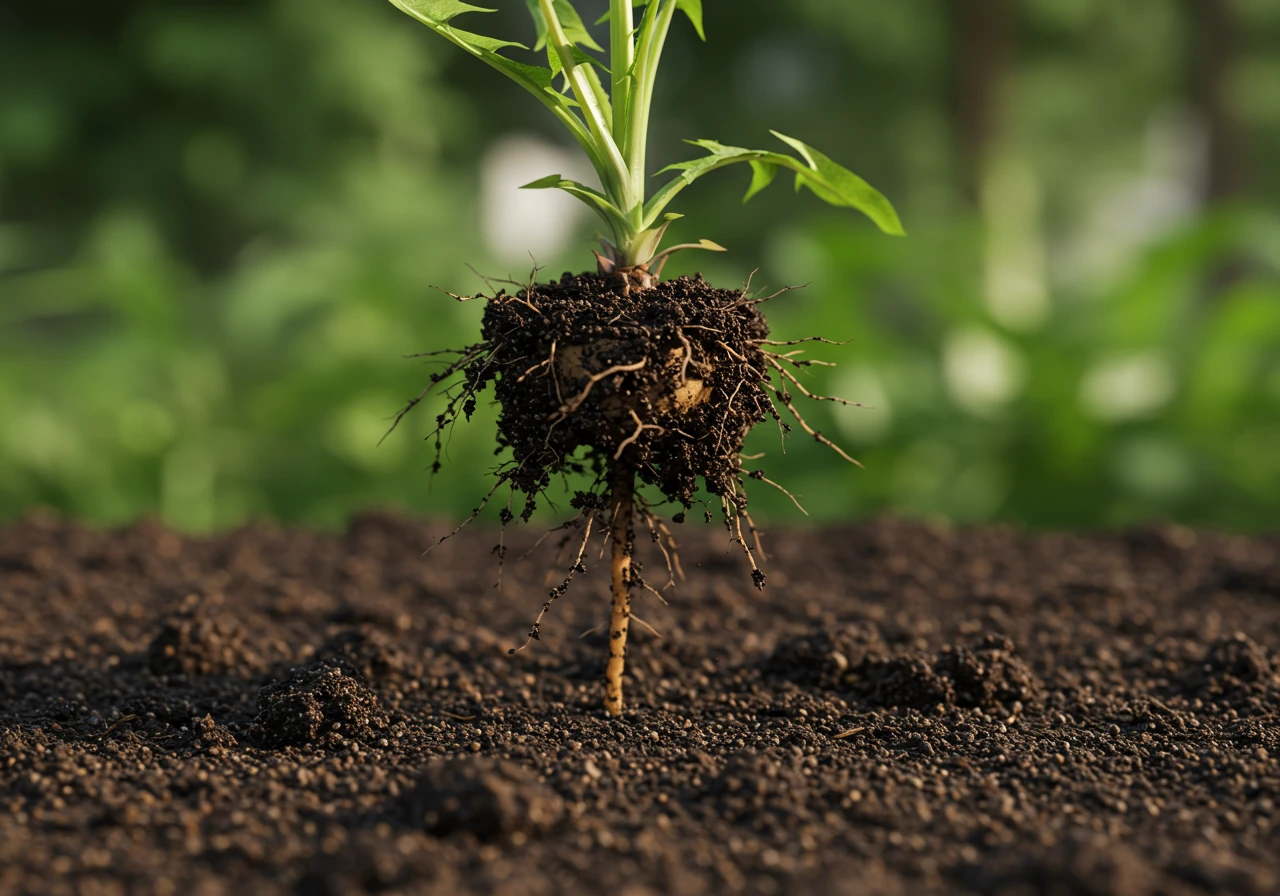 A close-up photograph focused on a single, large weed (like a dandelion or thistle) that has been carefully pulled from moist garden soil. The entire intact root system should be clearly visible, coated with clumps of dark, damp earth. Held against a blurred background of garden foliage.