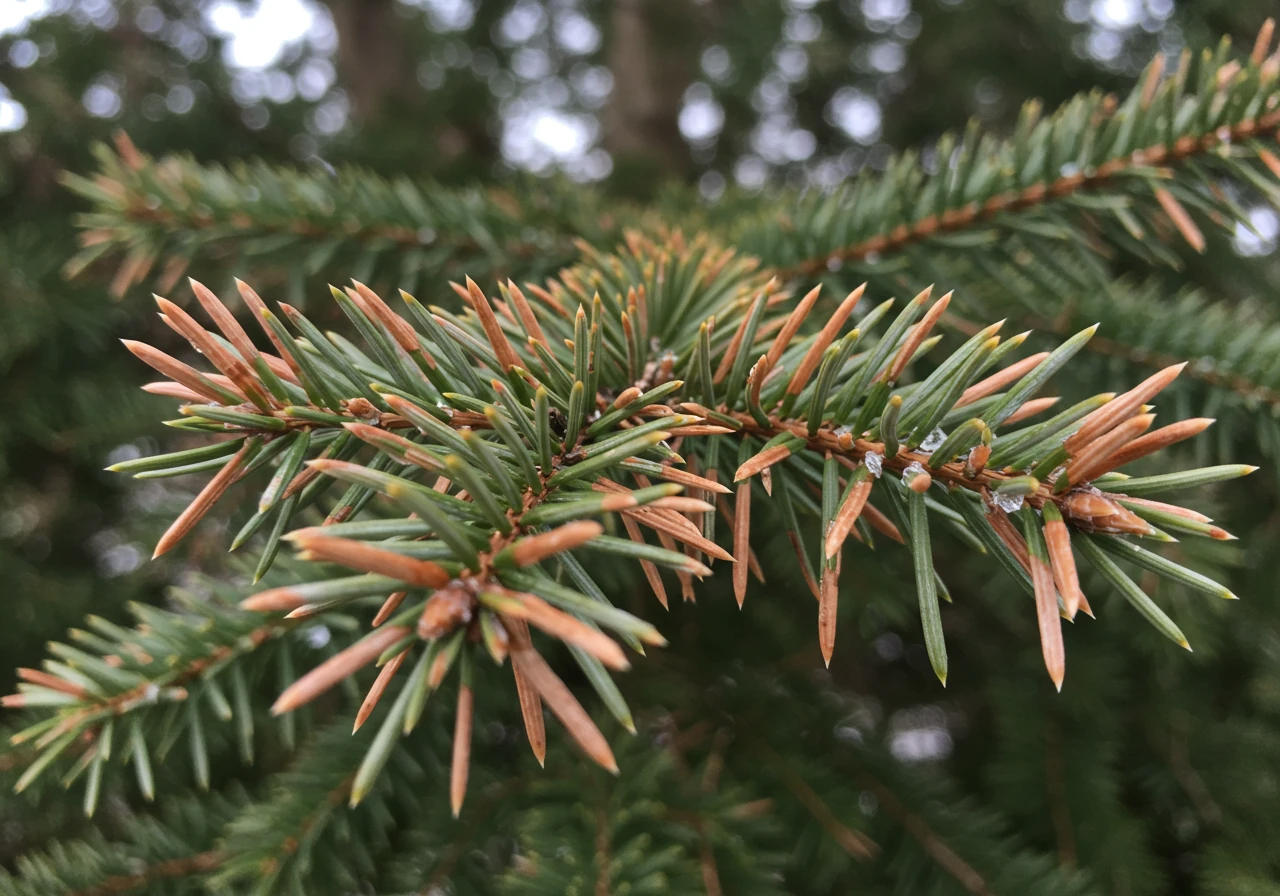 A close-up photograph vividly showing the physical damage caused by road salt spray on plant foliage. The image should focus on the leaves or needles of a shrub positioned near a roadside, displaying characteristic brown, burnt, or desiccated edges/tips, contrasting with any remaining green, healthy parts of the plant. The background should be slightly blurred to emphasize the damage detail.