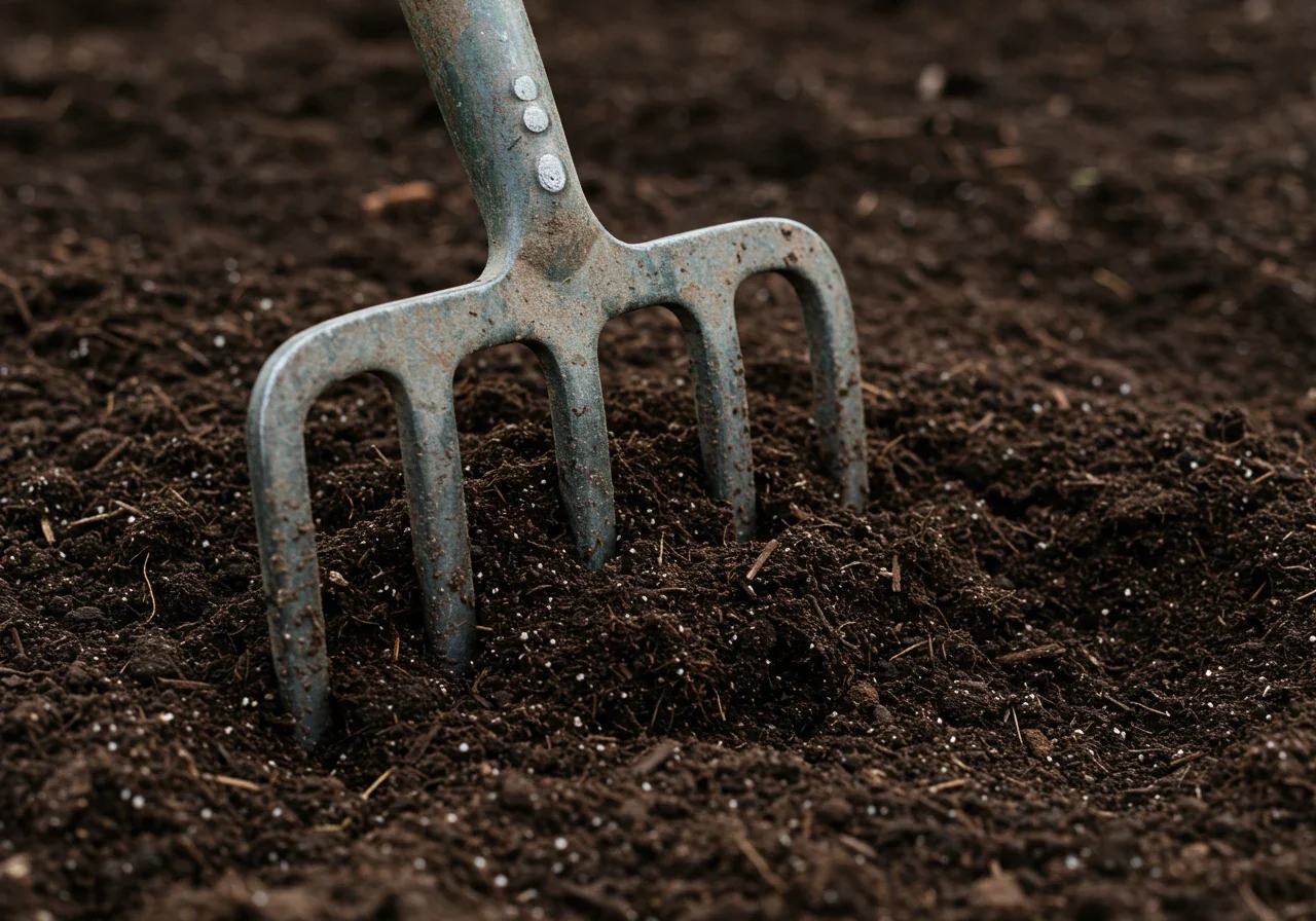 A close-up action shot focusing solely on the metal tines of a garden fork being pushed into dark, improved garden soil. The soil around the tines should appear loosened and crumbly, visually demonstrating the 'forking' technique for aeration without showing any hands or people.