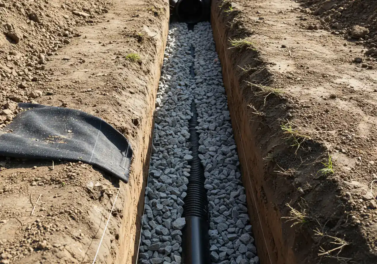 A close-up, illustrative image showing the components of a French drain during installation. This could show a partially dug trench lined with landscape fabric, revealing layers of gravel surrounding a visible section of black perforated drainage pipe.
