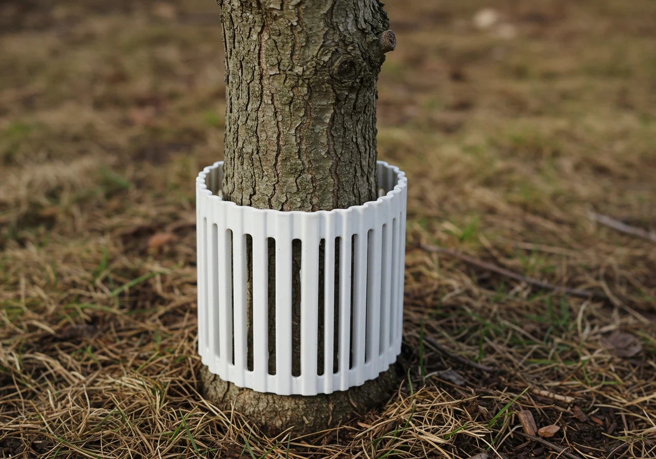 Close-up focusing on the base of a young deciduous tree trunk fitted with a white plastic tree guard to prevent rodent damage. The guard is snugly fit around the base, extending upwards from the dormant lawn or mulched bed.