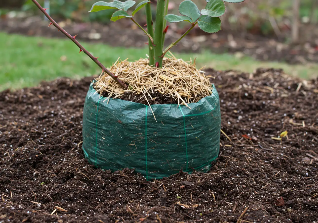A clear, close-up photograph focusing on the base of a hybrid tea rose prepared for winter. Shows a substantial mound (10-12 inches high) of loose soil or compost piled carefully around the base and covering the graft union. The rose canes above the mound are pruned back slightly. May include a top layer of straw or shredded leaf mulch over the soil mound for extra insulation.