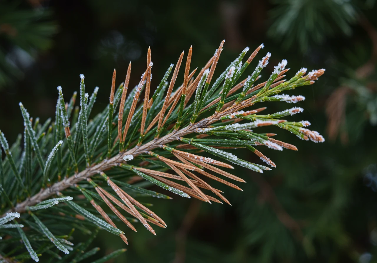 A close-up photograph illustrating winter desiccation on an evergreen shrub. The image should show the browning and drying effect on the needles or leaves, perhaps with a hint of frost or cold air, clearly depicting the stressor mentioned in the text.