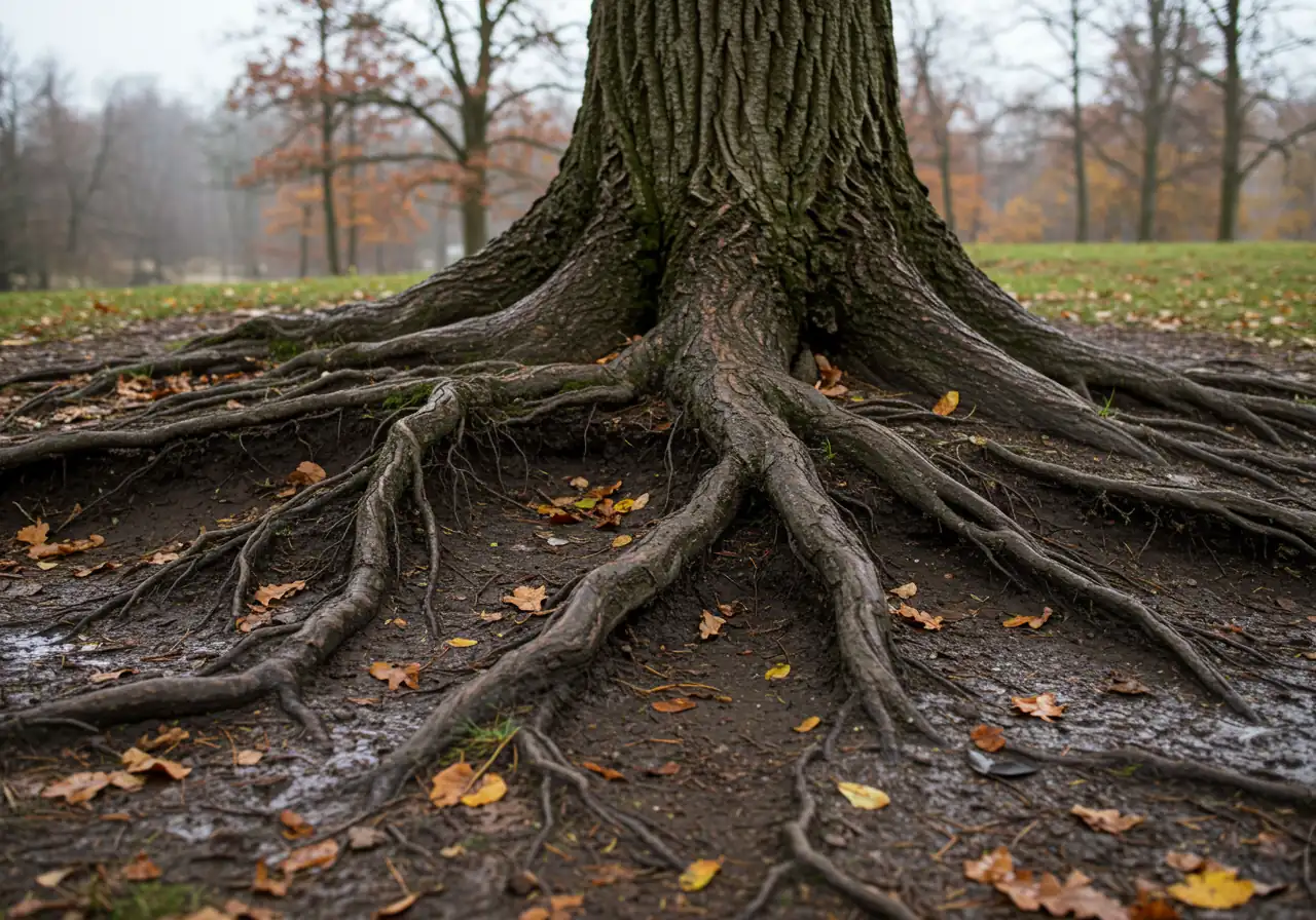 A close-up photograph illustrating subtle soil erosion. The image should show dark, damp soil at the base of a tree on a gentle slope, with some fine tree roots slightly exposed that would normally be covered. Mud splatters could be visible on the lower tree bark. The lighting should suggest a damp, overcast autumn day.