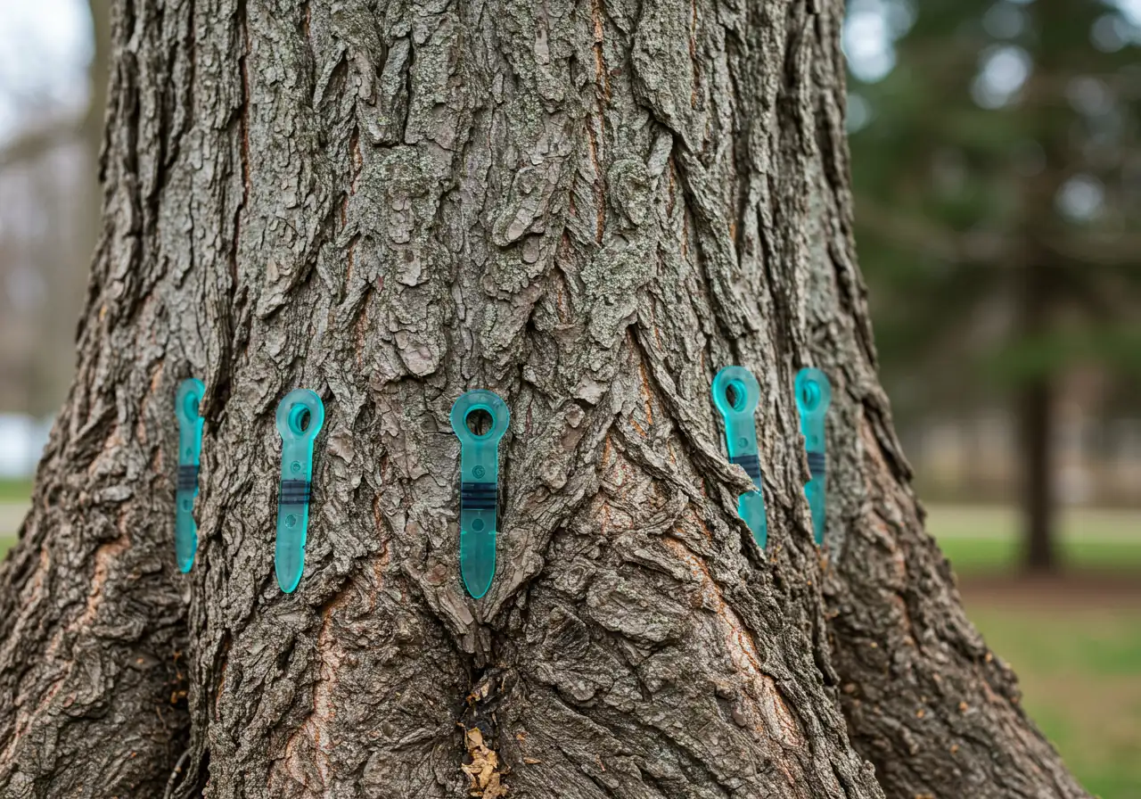 A close-up photograph focusing on the base of an ash tree trunk where tree injection ports or plugs have been inserted for EAB treatment. The image should clearly show the small devices embedded in the bark at the flare roots, representing the trunk injection method without showing any hands or people.
