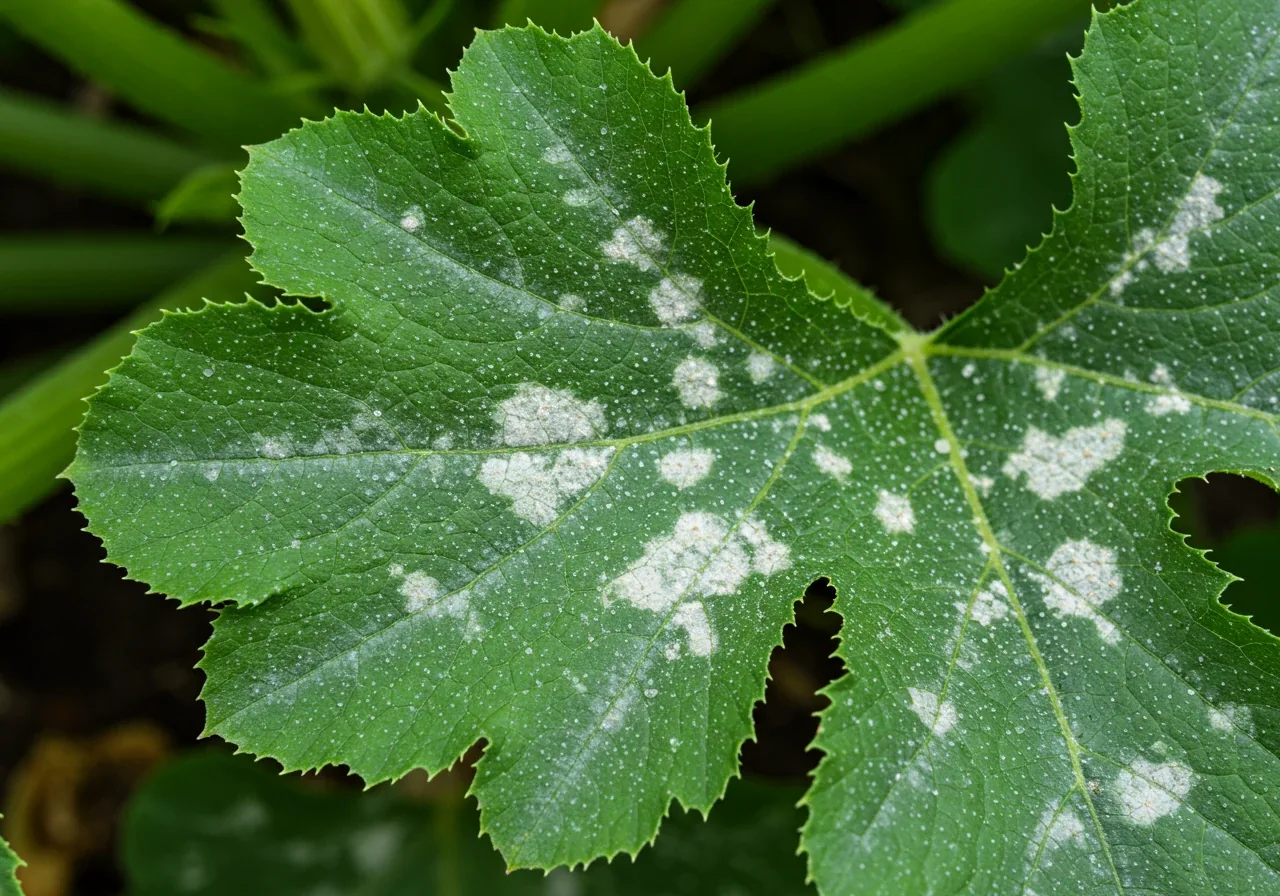 A detailed macro shot focusing on a green leaf (perhaps from a lilac, phlox, or zucchini plant) clearly showing characteristic white, powdery patches of powdery mildew fungus spreading across its surface. The texture of the mildew should be visible, appearing dusty against the leaf's natural texture, illustrating a common fungal disease exacerbated by humidity.
