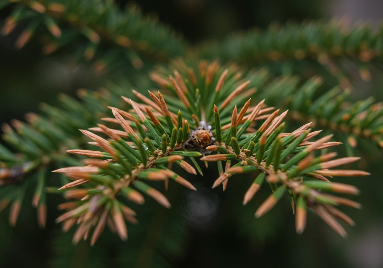 A detailed close-up photograph focusing on the needles of an evergreen shrub (like a cedar or pine) exhibiting clear signs of winter salt damage. The needle tips are visibly brown, dry, and appear 'burnt', contrasting sharply with the healthier green needles further back on the branch. The damage is concentrated on one side, suggesting exposure to road spray. The lighting should be natural, perhaps overcast late winter or early spring light, highlighting the texture and discoloration.