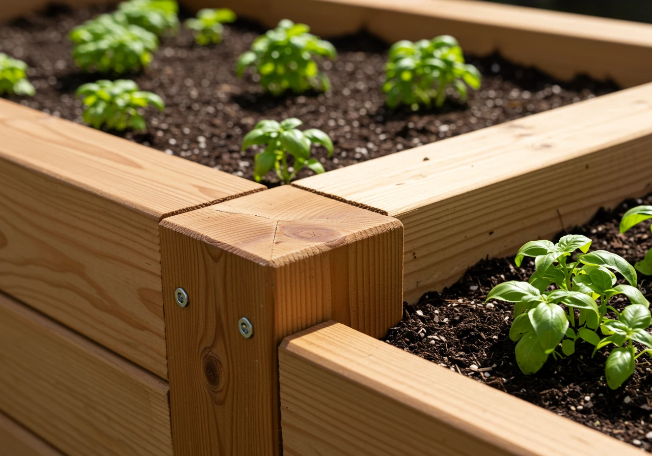 An image showcasing the benefit of raised garden beds. A close-up view of the corner of a well-maintained wooden raised garden bed filled with dark, healthy soil and small, thriving herb plants (like basil or parsley). The image should emphasize the accessible height and ease of working without deep bending.