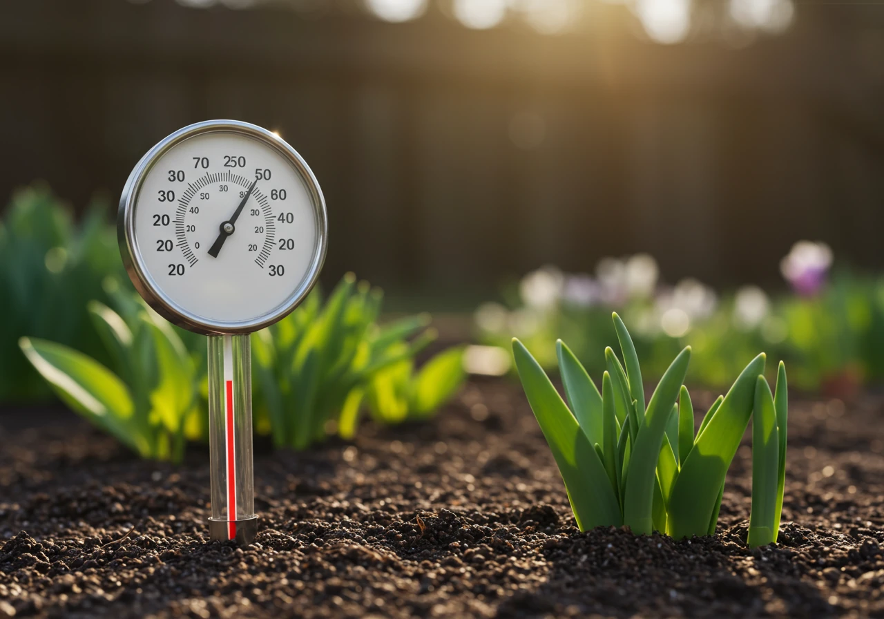 A photograph focusing on a simple outdoor thermometer placed strategically in a garden bed, nestled amongst spring plants. The background shows a blurry mix of sun and shade, implying observation of temperature variations within the garden.