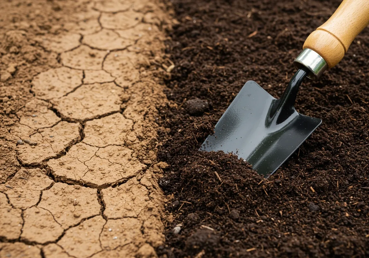 A close-up shot focusing on the texture difference between unimproved, cracked clay soil and adjacent soil heavily amended with dark, rich compost. A trowel could be resting nearby (no hands shown), emphasizing the gardening context. This visually demonstrates the soil improvement concept discussed.