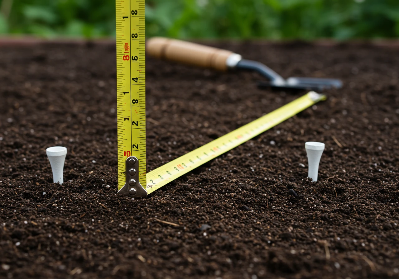 A close-up, focused shot within a garden bed depicting the tools used for accurate spacing. A bright yellow tape measure is stretched across the dark soil surface between two small, unobtrusive markers (like golf tees), indicating the precise distance for planting. The soil is prepared, ready for planting, with maybe a trowel blurred softly in the background.