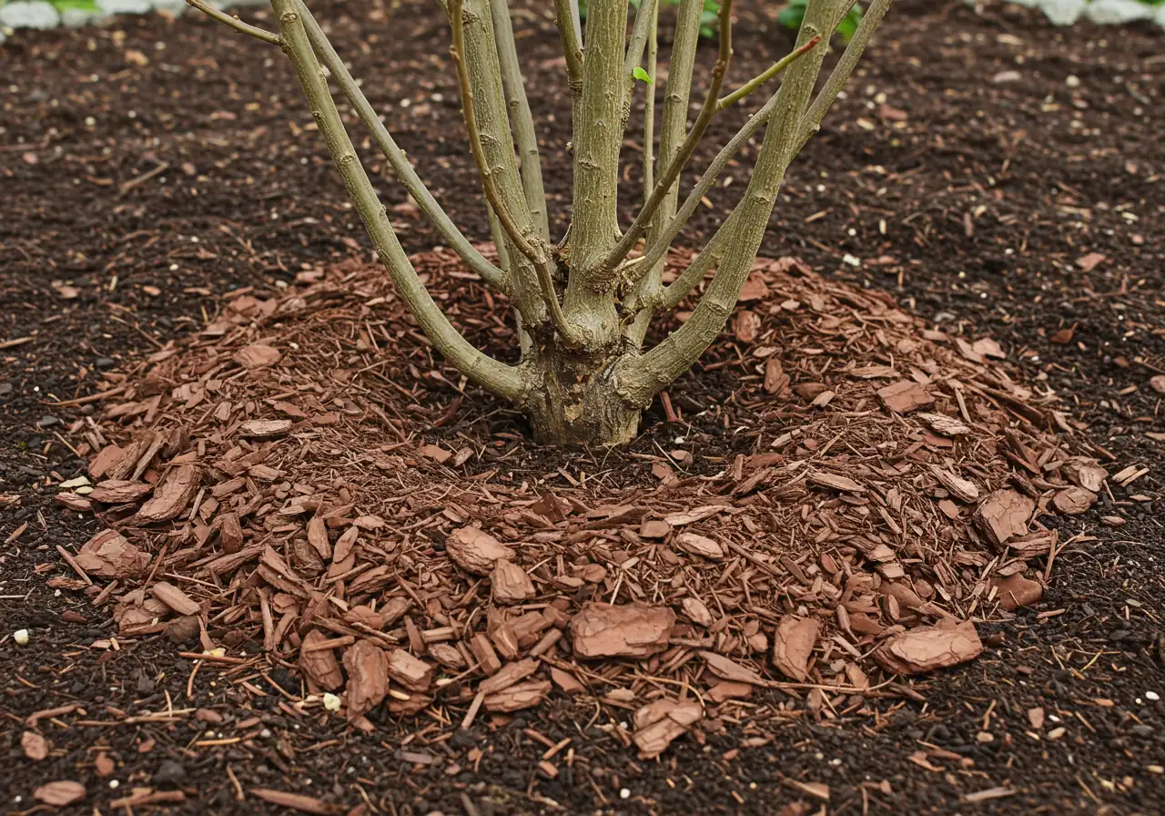 A detailed overhead or slightly angled view focusing on the base of a young shrub or perennial. The image must clearly depict the 'donut' method of mulching: a layer of natural shredded bark mulch covers the soil but is pulled back 2-3 inches from the plant's main stem, leaving a visible ring of bare soil directly around the stem.