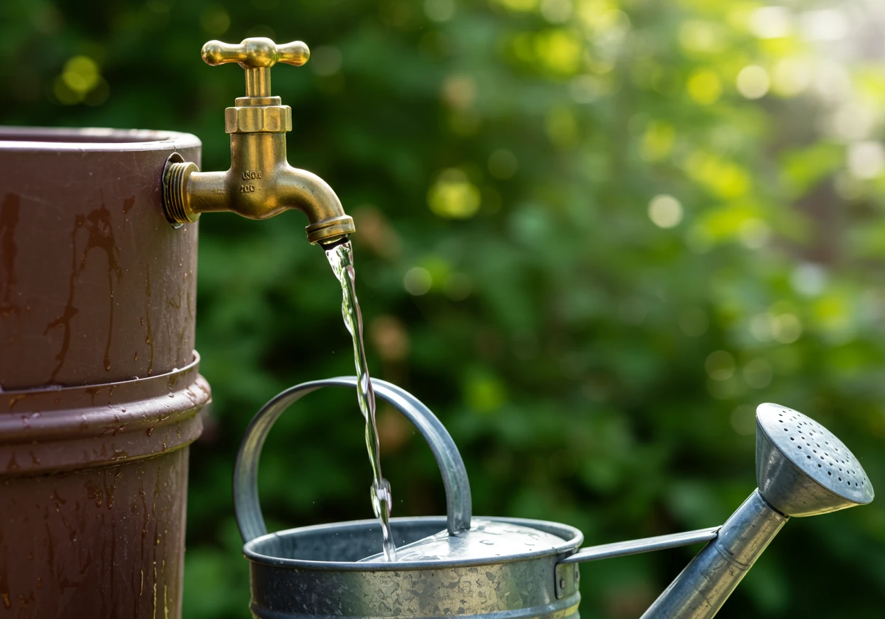 A practical image showing harvested rainwater being used. A metal watering can is positioned under the spigot of a rain barrel, being filled with clear water. The focus is on the stream of water and the spigot/watering can interface, with a blurred background of garden greenery.