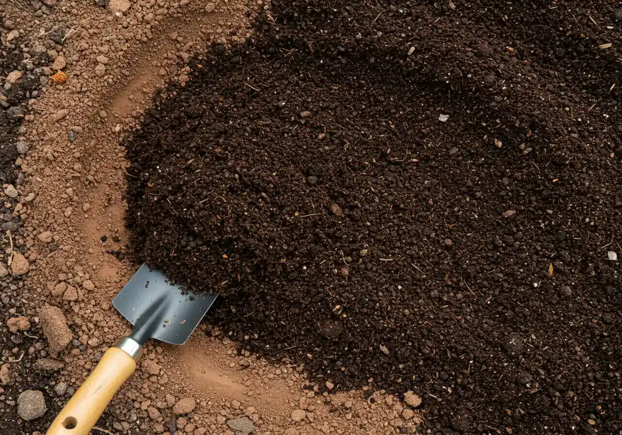 Close-up of dark compost being mixed into lighter garden soil.