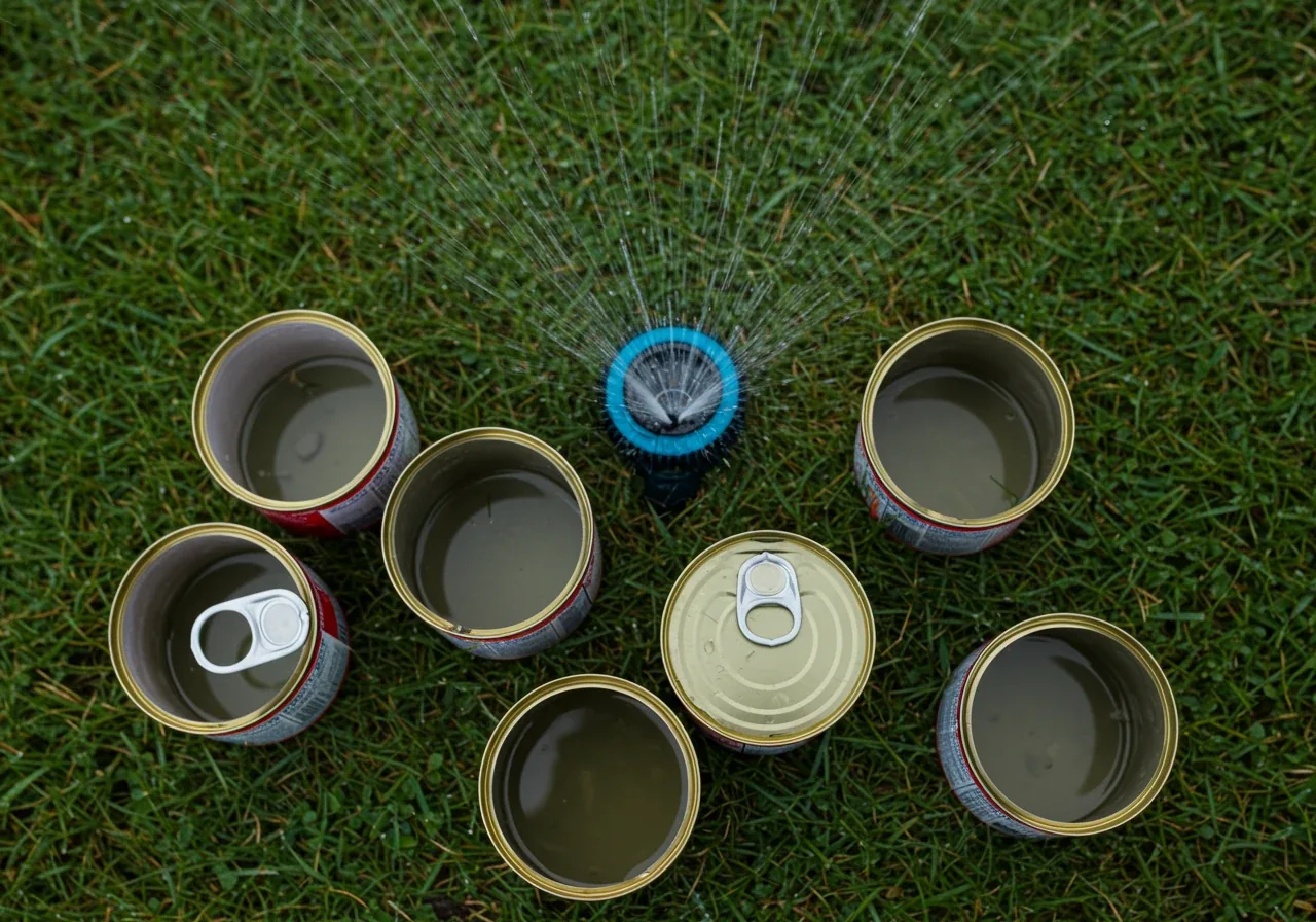 A close up top down view of the top of several empty tuna cans on a lawn, placed to collect water from a distance sprinkler, with early morning dew present.