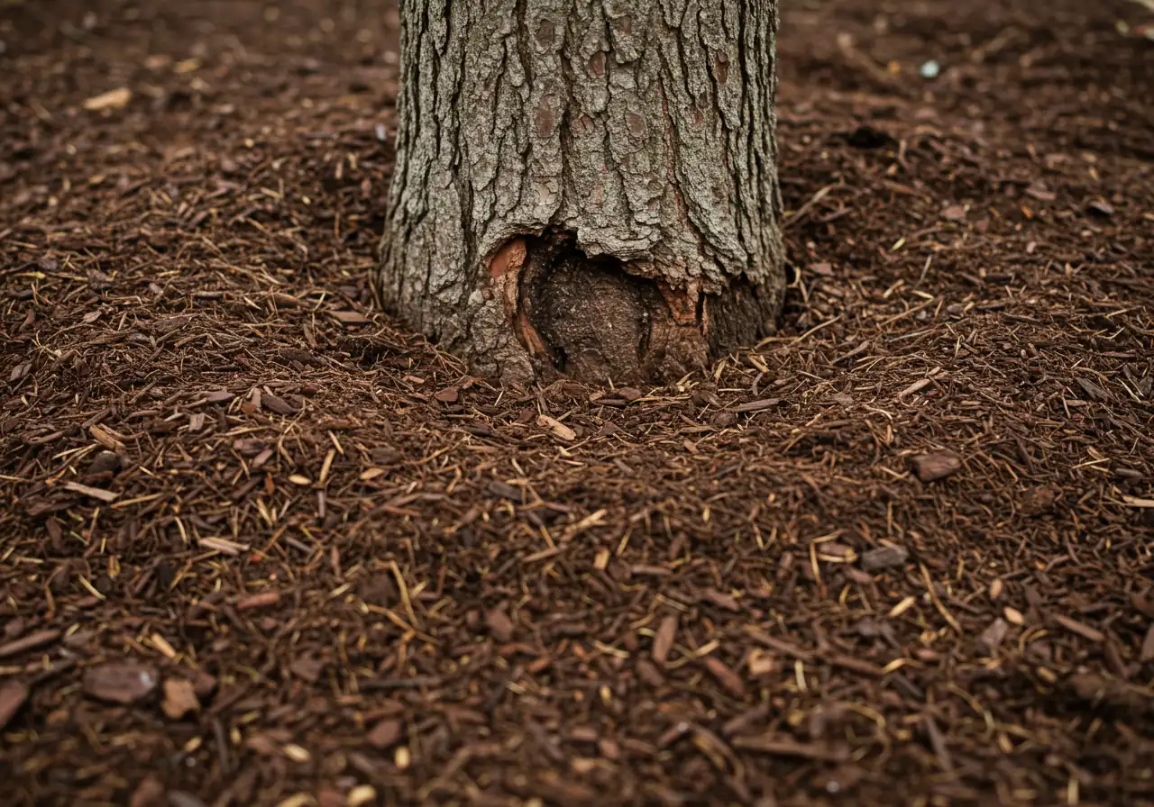 A close-up image showing a tree trunk with a proper mulch application. The mulch (shredded bark) is pulled back from the trunk in a wide circle, creating a 'donut' shape. The trunk is clearly visible and free of mulch, with a 2-3 inch gap. The soil around the trunk is visible, but the rest of the area is covered in a thick, even layer of mulch. The bark of the tree is healthy and free of rot.