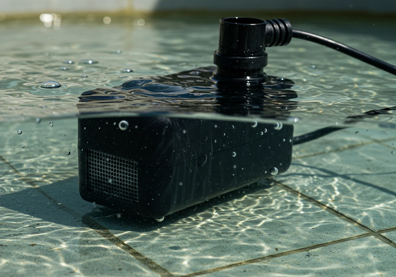 A close-up, slightly underwater view focusing on a submersible fountain pump sitting at the bottom of a clear fountain basin. The image should clearly show the pump and its intake screen, highlighting this key component without being overly technical. The water around it is clear, emphasizing a properly functioning state before potential issues arise.