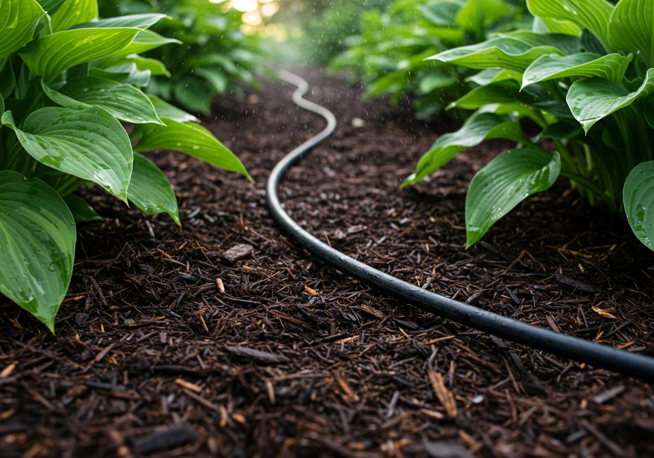An image showcasing a black soaker hose laid neatly in a garden bed around the base of healthy green plants (like hostas or perennials). Show water slowly seeping from the hose, darkening the rich soil/mulch immediately around it, illustrating efficient, direct-to-root watering. Focus should be on the hose and damp soil.