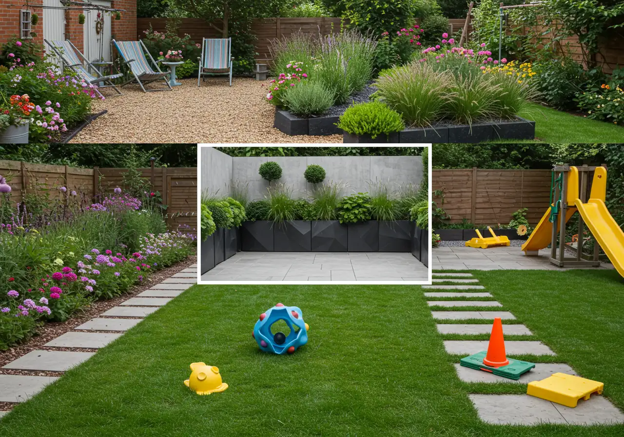 A collage of three smaller, distinct garden styles. The top section shows a 'Relaxed Country Charm' garden with overflowing flower beds, a gravel path, and Adirondack chairs. The middle section displays a 'Modern Minimalist' garden with geometric planters, ornamental grasses, and a sleek concrete patio. The bottom section showcases a 'Family-Friendly Fun Zone' with a lush green lawn, a small play structure (like a swing set), and durable paving stones. Each section should be clearly delineated and visually distinct.