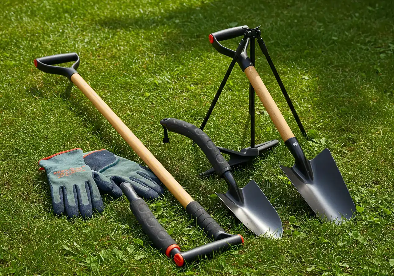 A collection of various ergonomic gardening tools laid out neatly on a patch of healthy green grass. Include a long-handled shovel with a D-grip, a stand-up weeder, a hand trowel with a curved, cushioned handle, and a pair of durable gardening gloves. The tools should look clean but used, suggesting practical application.