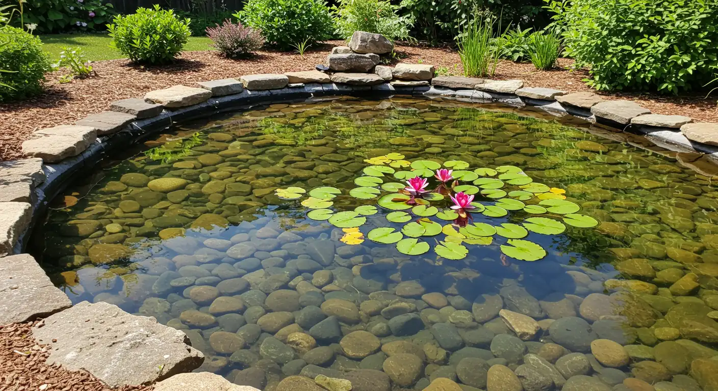 A beautifully clear backyard pond in bright summer daylight. The water is transparent, revealing smooth stones and pebbles on the bottom. Healthy green water lily pads and perhaps a few white or pink lily flowers float serenely on the surface. Lush, naturalistic planting frames the edges of the pond, enhancing the idyllic waterscape.
