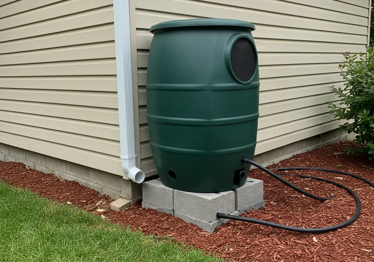 A clear, well-composed photograph showing a standard dark-colored plastic rain barrel correctly installed on level cinder blocks next to a home's downspout. The downspout is modified with an elbow directing water into the barrel's screened top opening, and an overflow hose is visible, leading away from the foundation towards a nearby mulched area.