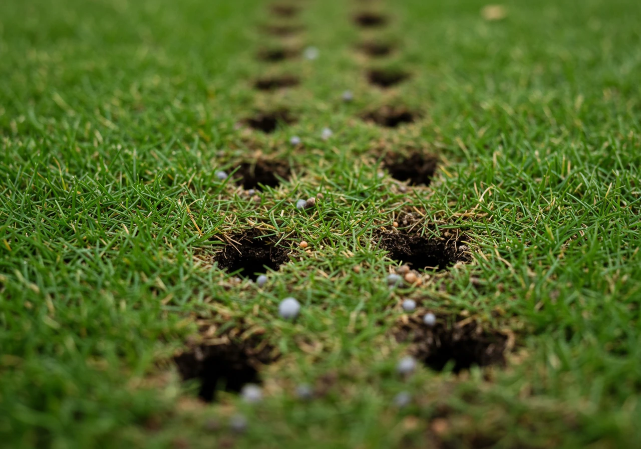 A detailed close-up (macro) shot of a lawn surface immediately after aeration and overseeding. The image should clearly show grass seeds and small fertilizer granules settled within the aeration holes and scattered amongst the soil plugs and existing grass blades.