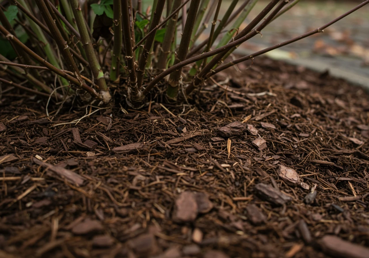 Close-up, ground-level view demonstrating proper mulching technique around the base of a dormant shrub or perennial. Shows a thick (3-4 inch) layer of natural shredded bark mulch spread evenly over the soil, pulled back slightly (1-2 inches) from the plant's main stems or trunk to prevent rot. Focus on the texture of the mulch and the clean gap.