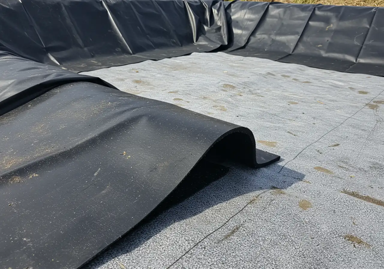 A close-up, detailed shot focusing on high-quality materials. This could show the texture and thickness of a durable black EPDM rubber pond liner being laid smoothly, or a selection of sturdy, attractive natural stones (like granite boulders or smooth river rocks) suitable for building a water feature edge or waterfall.